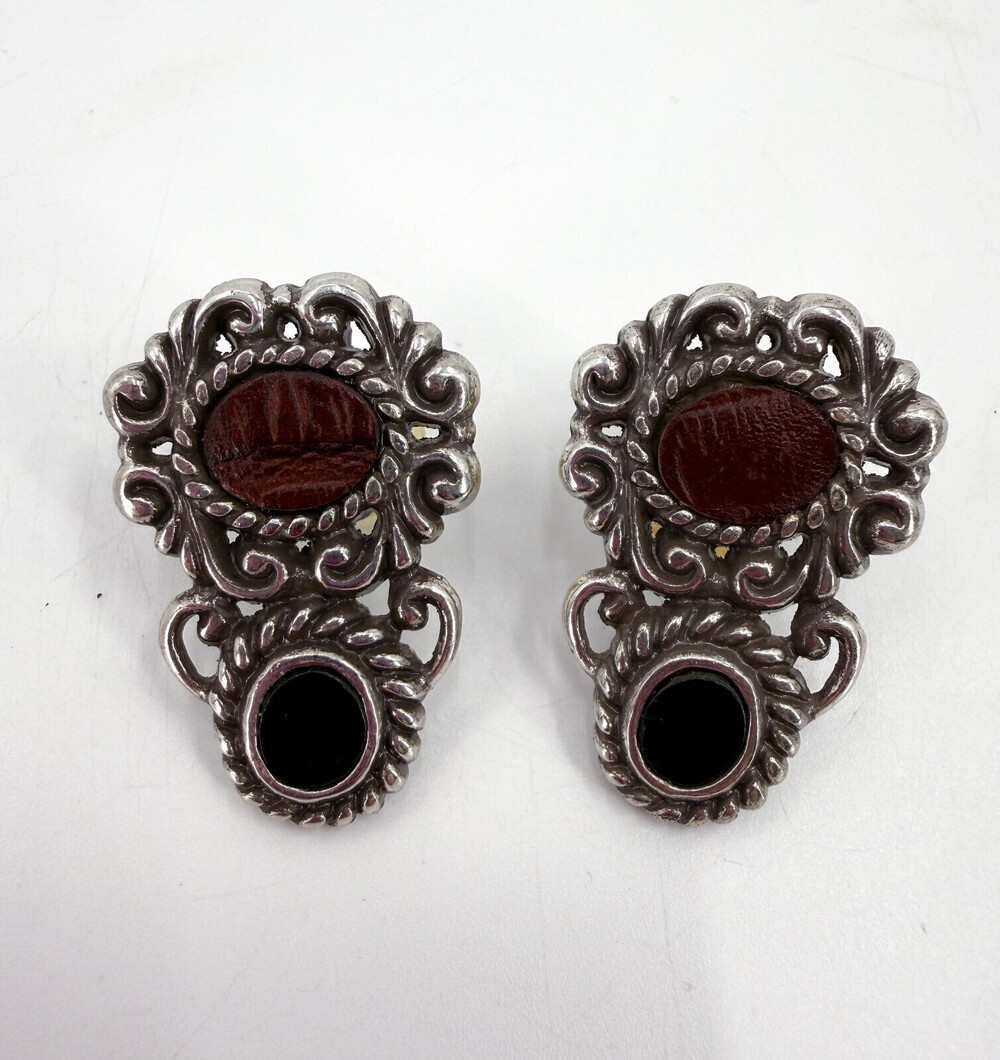 Brighton Earrings Womens Brown Black Leather Post Silver Retired